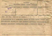 Telegram K. Gottwaldovi k volbě prezidentem—firma Schmidt vdova AŠ; formulář telegram; 12.6.1948; papír; formát A5; sken: G. Hrzánová, 2021.