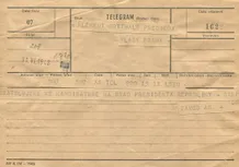 Telegram K. Gottwaldovi k volbě prezidentem—závod STEPO Aš; formulář telegram; 11.6.1948; papír; formát A5; sken: G. Hrzánová, 2021.