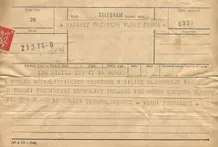 Telegram K. Gottwaldovi k volbě prezidentem—Spolek socialistických bezvěrců, Bílina; formulář telegram; 14.6.1948, 09:55; papír; formát A5; sken: G. Hrzánová, 2021.