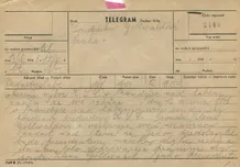 Telegram K. Gottwaldovi k volbě prezidentem—Okresní výbor KSČ Brandýs nad Labem; formulář telegram; 12.6.1948 v 19:50; papír; formát A5; sken: G. Hrzánová, 2021.