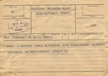 Telegram K. Gottwaldovi k volbě prezidentem—Místní akční výbor Národní fronty v Hostech; formulář telegram; 11.6.1948; papír; formát A5; sken: G. Hrzánová, 2021.
