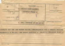 Telegram K. Gottwaldovi k volbě prezidentem—Místní organizace KSS, Hrádok nad Hronom; formulář telegram; 12.6.1948, 12:15; papír; formát A5; sken: G. Hrzánová, 2021.