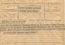 Telegram K. Gottwaldovi k volbě prezidentem—Místní organizace KSČ Ivanovice u Brna; formulář telegram; 12.6.1948; papír; formát A5; sken: G. Hrzánová, 2021.