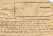 Telegram K. Gottwaldovi k volbě prezidentem—Koksovna President Beneš, Karviná; formulář telegram; 10.6.1948, 15:00; papír; formát A5; sken: G. Hrzánová, 2021.