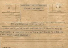Telegram K. Gottwaldovi k volbě prezidentem—Zaměstnanci firmy Kremlička v národní správě, Lázně Bělohrad; formulář telegram; 11.6.1948, 11:50; papír; formát A5; sken: G. Hrzánová, 2021.