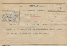 Telegram K. Gottwaldovi k volbě prezidentem—Sokol, Mnichovice; formulář telegram; 12.6.1948, 10:10; papír; formát A5; sken: G. Hrzánová, 2021.