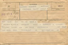 Telegram K. Gottwaldovi k volbě prezidentem—Stavba mládeže—brigáda Most; formulář telegram; 11.6.1948; papír; formát A5; sken: G. Hrzánová, 2021.