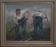 Dar K. Gottwaldovi; V. Ostrožlík; Dělníci na trati; malba na plátně v dřevěném rámu; 59 × 73 cm; Národní muzeum, H11U-198; foto: O. Tlapáková, 2021.