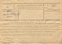 Telegram K. Gottwaldovi k volbě prezidentem—Měšťanská škola chlapecká Nýřany; formulář telegram; 11.6.1948; papír; formát A5; sken: G. Hrzánová, 2021.