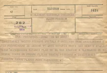 Telegram K. Gottwaldovi k volbě prezidentem—Družstvo PANCO plnící pera Pardubice; formulář telegram; 11.6.1948; papír; formát A5; sken: G. Hrzánová, 2021.