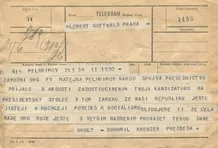 Telegram K. Gottwaldovi k volbě prezidentem—firma Matějka s.s. Pelhřimov; formulář telegram; 11.6.1948; papír; formát A5; sken: G. Hrzánová, 2021.