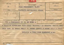 Telegram K. Gottwaldovi k volbě prezidentem—Ivan Olbracht, Poděbrady; formulář telegram; 10.6.1948, 09:00; papír; formát A5; sken: G. Hrzánová, 2021.