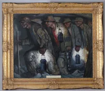 Dar K. Gottwaldovi; Vilém Wünsche, Nástup do práce, olejomalba na kartonu, 1945, Národní muzeum; H11U-64; foto: O. Tlapáková, 2019.