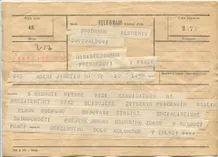 Telegram K. Gottwaldovi k volbě prezidentem—Osazenstvo Dolu Kolumbus v Záluží (u Litvínova); formulář telegram; nedatováno-červen 1948; papír; formát A5; sken: G. Hrzánová, 2021.