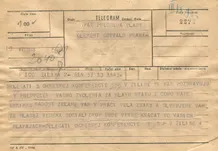 Telegram K. Gottwaldovi k volbě prezidentem—Delegáti Okresní konference SSM, Žilina; formulář telegram; 13.6.1948, 18:45; papír; formát A5; sken: G. Hrzánová, 2021.