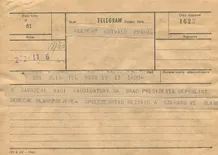 Telegram K. Gottwaldovi k volbě prezidentem—Společenstvo řezníků a uzenářů ve Zlíně; formulář telegram; 11.6.1948; papír; formát A5; sken: G. Hrzánová, 2021.