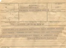 Telegram K. Gottwaldovi k volbě prezidentem—Jednotný svaz zemědělců; formulář telegram; 11.6.1948; papír; formát A5; sken: G. Hrzánová, 2021.